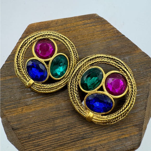 Vintage large mogul style gem toned rhinestone round clip on earrings retro - Picture 2 of 5